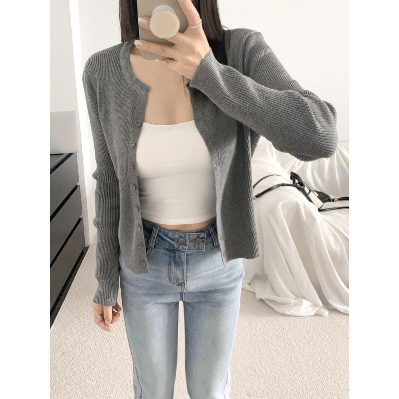 Damen Rippstrickcardigan Langärmlig Knopfverschluss Beige Norvielle