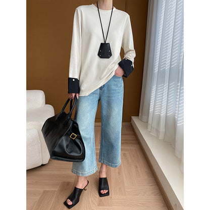 Damen Langarmshirt mit Kontrastmanschetten