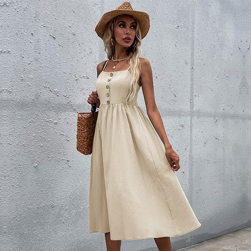 Damen Midi-Kleid Knopfleiste Verstellbare Träger Norvielle