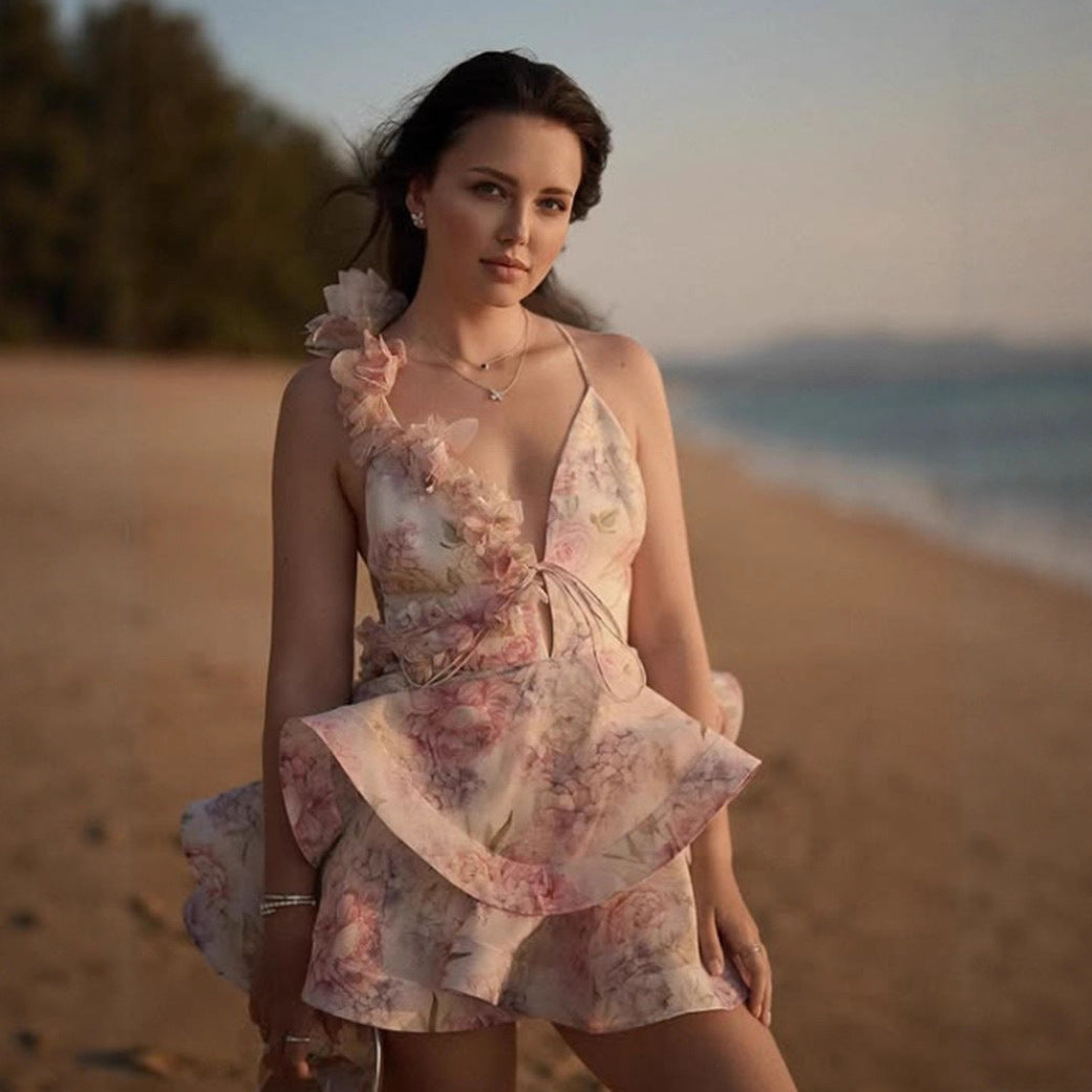 Damen Rüschenkleid Floralmuster V-Ausschnitt