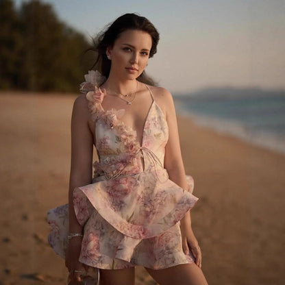 Damen Rüschenkleid Floralmuster V-Ausschnitt