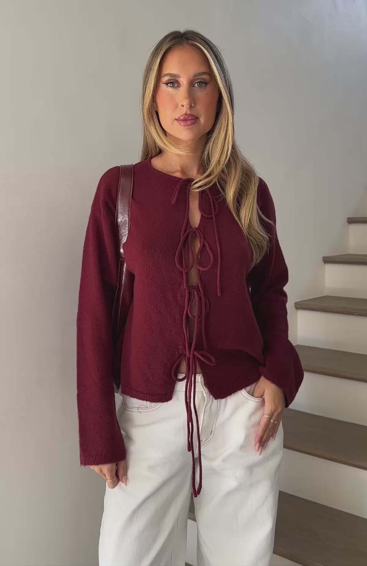 Damen Cardigan Oversized Ärmel Schnürdesign Beige