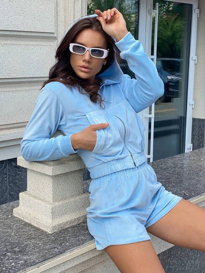 Damen Cropped Hoodie Kurze Hose Set