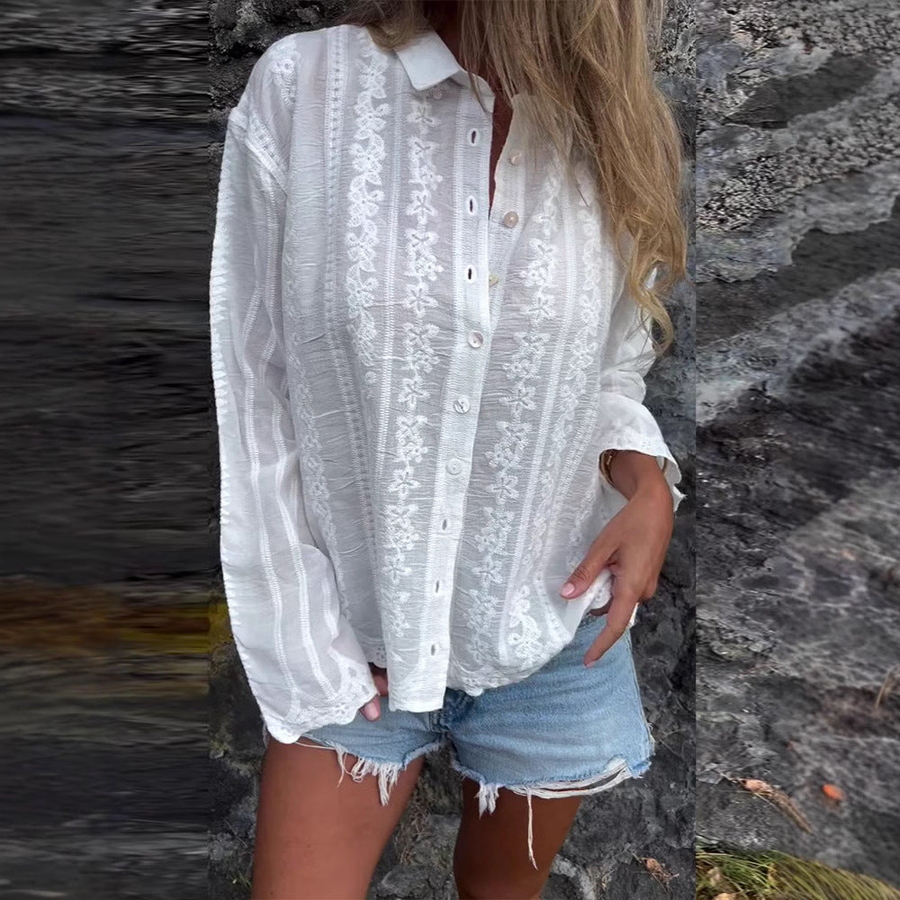 Damen Bluse Flora Stickerei Strukturiert Norvielle - Norvielle