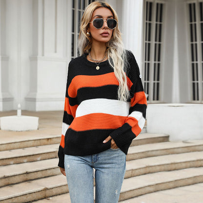 Damen Strickpullover Gestreift Voluminöse Ärmel Weite Passform
