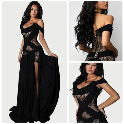 Damen Abendkleid Spitze transparent V-Ausschnitt Schwarz - Norvielle