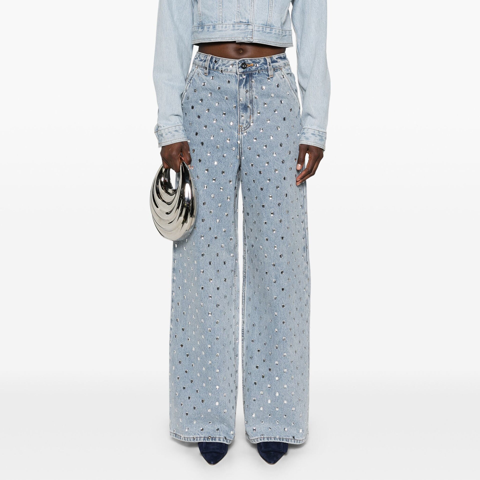 Damen Weite Jeans Glitzernde Applikationen Blau - Norvielle