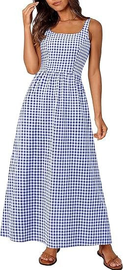 Damen Maxikleid Karomuster Elastisch Verstellbare Träger Norvielle