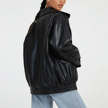 Damen Lederjacke Lässig Großer Kragen