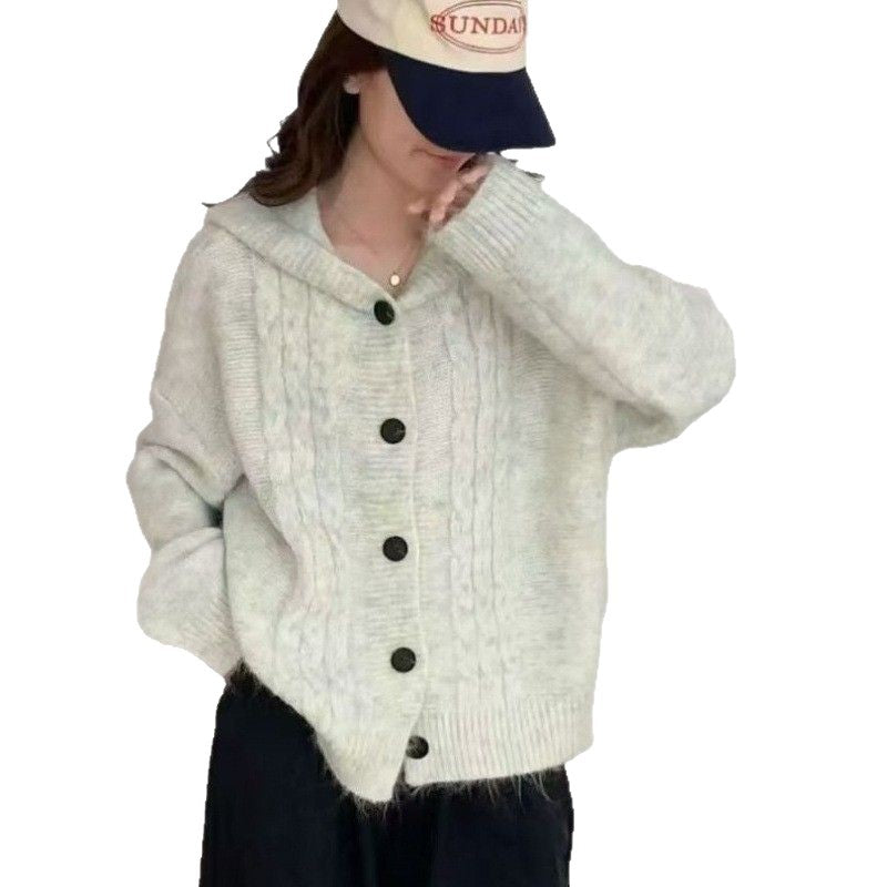 Damen Strickjacke Kapuzenpullover mit Knöpfen Beige