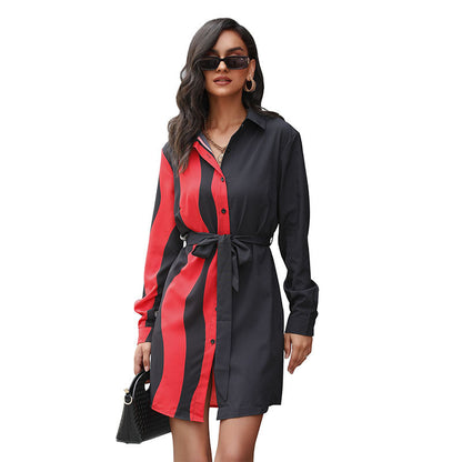 Damen Langarm-Kleid mit Gürtel Asymmetrisch Norvielle