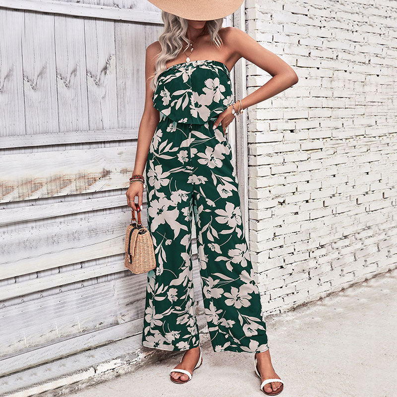 Damen Jumpsuit Florales Rüschenoberteil Weites Bein