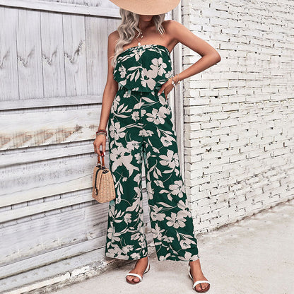 Damen Jumpsuit Florales Rüschenoberteil Weites Bein