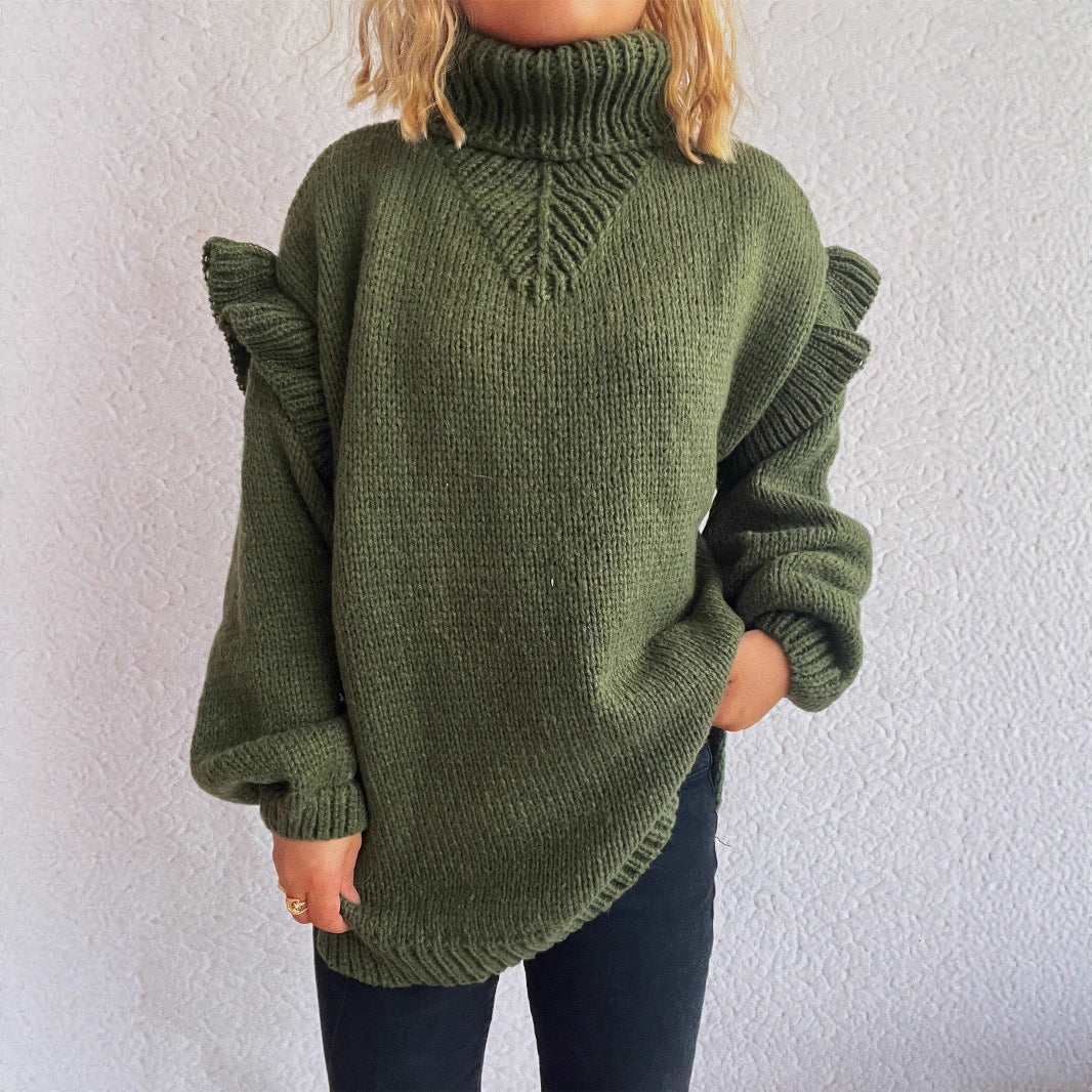 Damen Strickpullover Rüschen-Details Hochkragen Norvielle