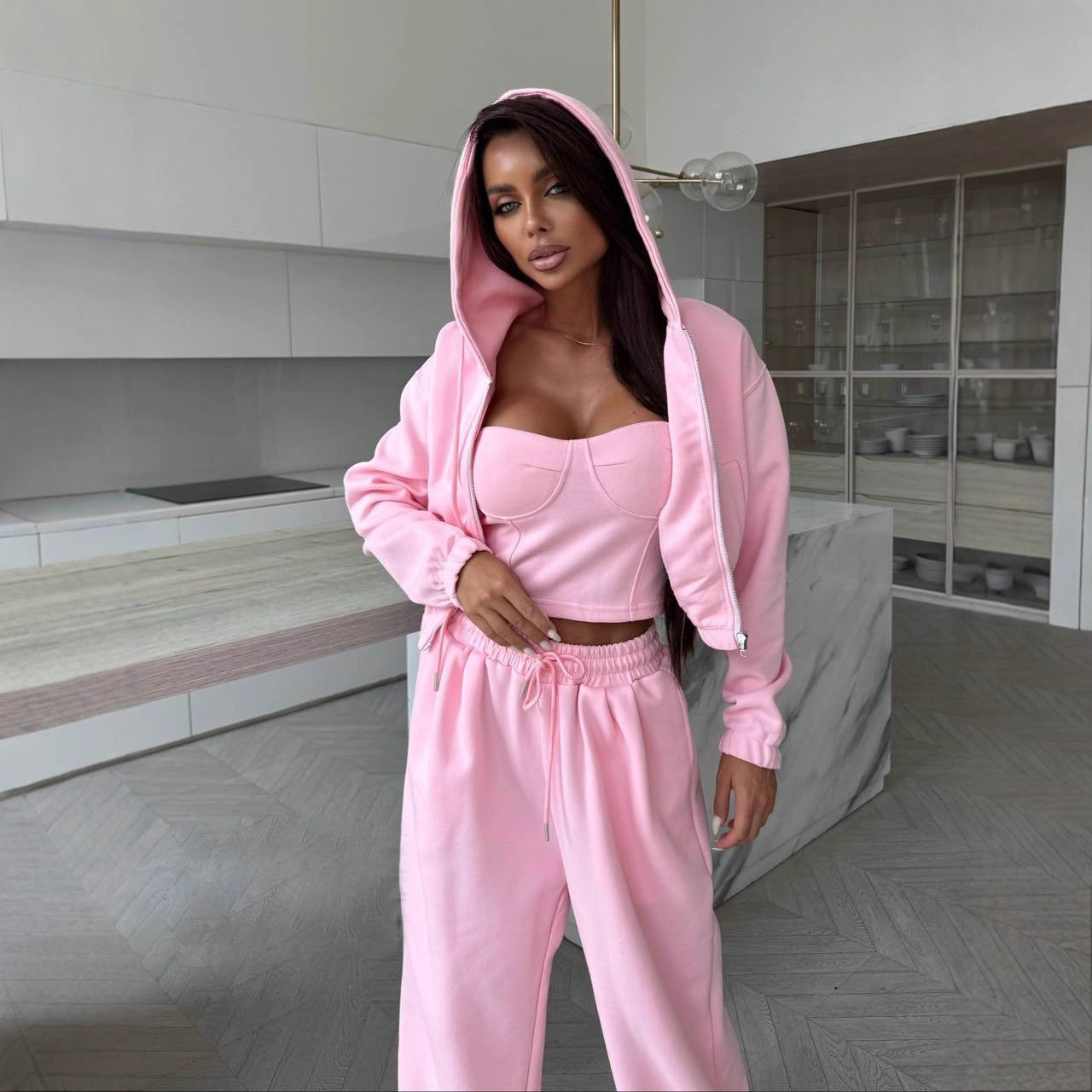 Damen Sportset Crop- weiche Kapuzenjacke - Norvielle
