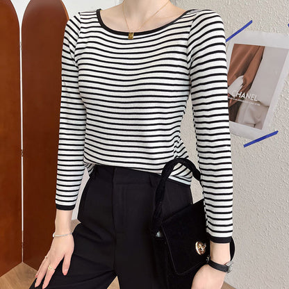 Damen Langarmshirt Maritimes Streifenmuster Weiter Rundhals
