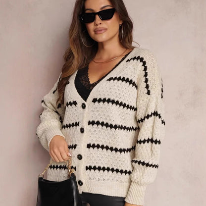 Damen Strickjacke Zickzackmuster Knöpfe Beige