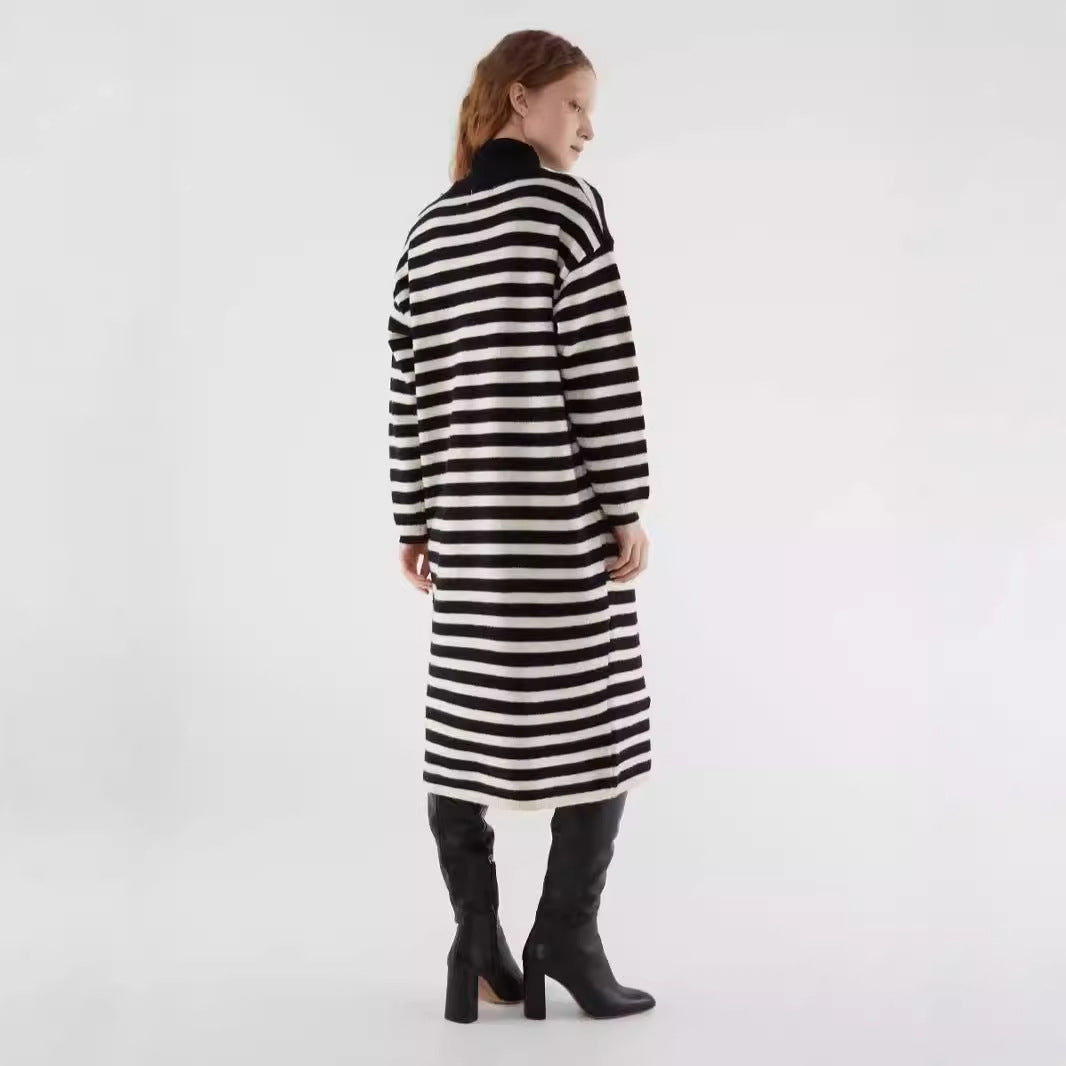 Damen Strickkleid Blockstreifenmuster Lässig Beige