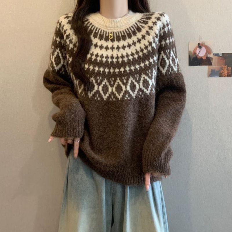 Damen Strickpullover Nordisches Muster Weich Grün