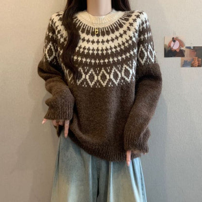Damen Strickpullover Nordisches Muster Weich Grün