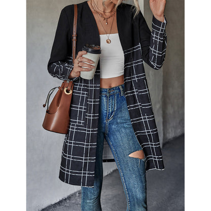 Damen Blazer Lang Karomuster Weiß