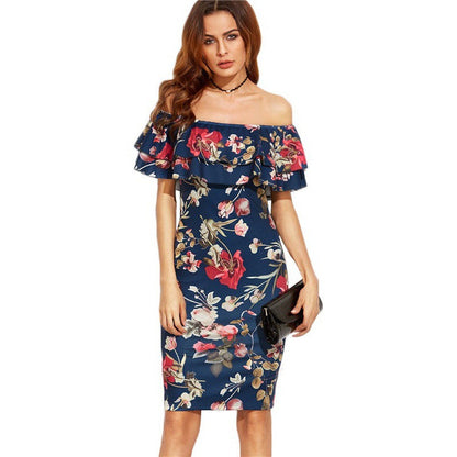 Damen Blumenkleid Off-Shoulder Voluminöse Rüschen Norvielle