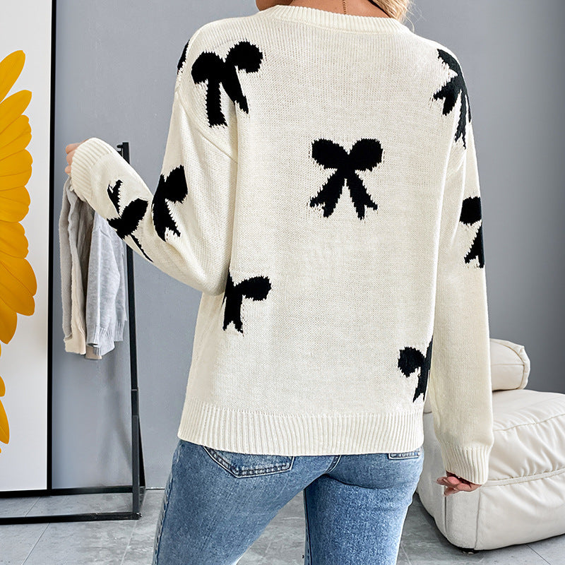 Damen Pullover Gestrickt Schleifenmuster Beige