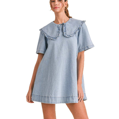 Damen Denimkleid Voluminöser Kragen Rüschendetails