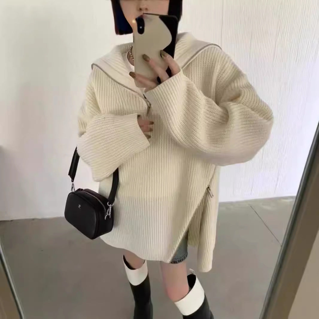 Damen Oversized Strickpullover Reißverschluss Seitenschlitze