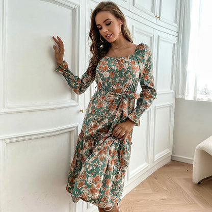 Damen Maxikleid Florale Rüschendetails Elegantes Bindeband Norvielle