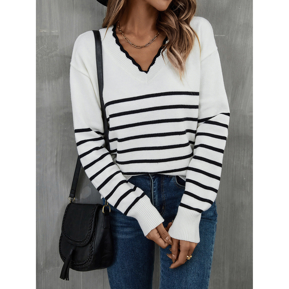 Damen V-Pullover Streifenmuster Norvielle