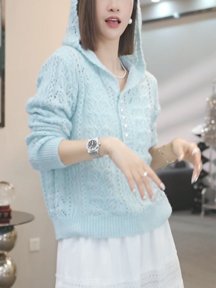 Damen Strickpullover mit Kapuze und Knöpfen Norvielle