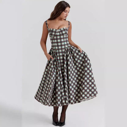 Damen Midikleid Kariert Tiefes Dekolleté Norvielle