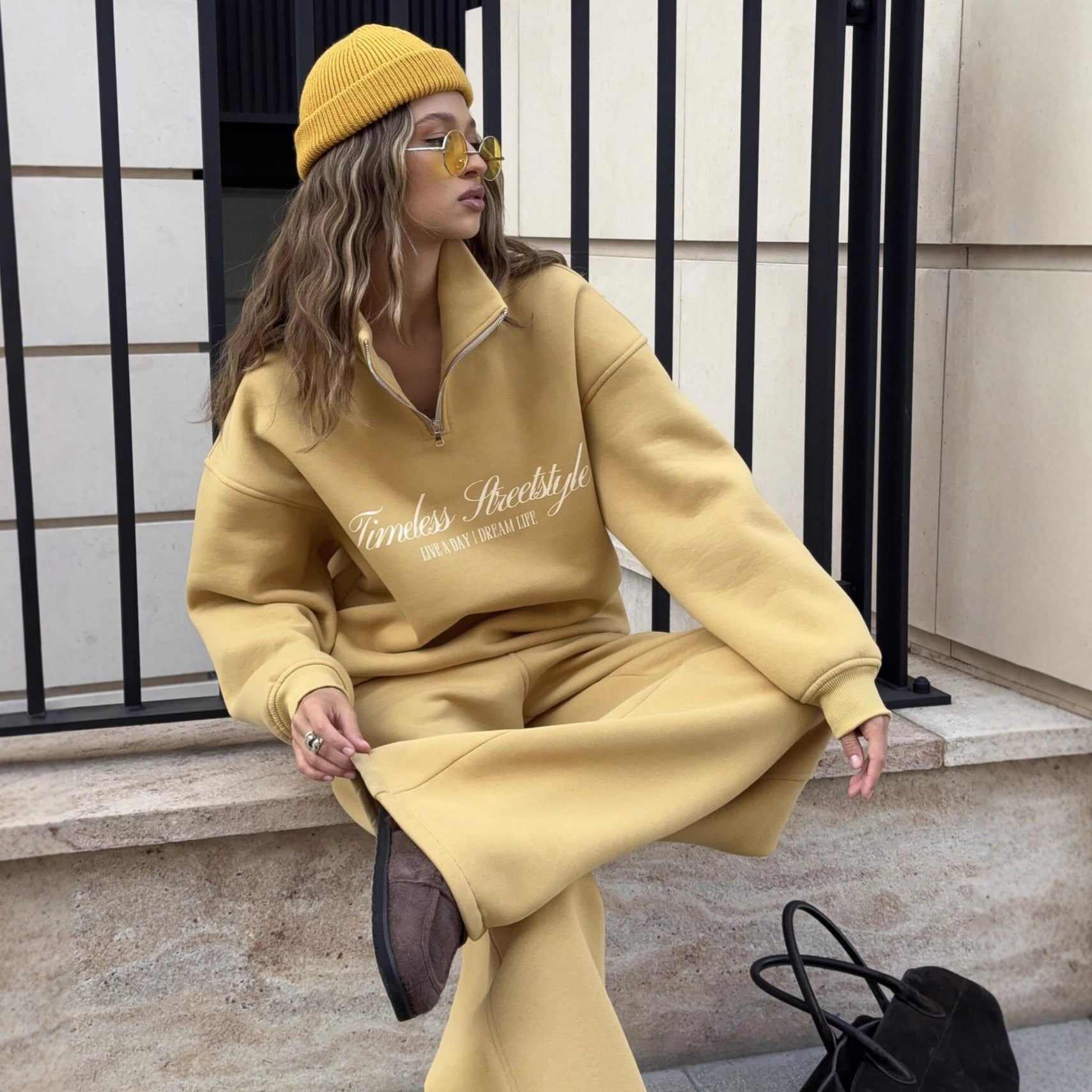 Damen Oversized Pullover Halbärmel Mit Reißverschluss Beige - Norvielle