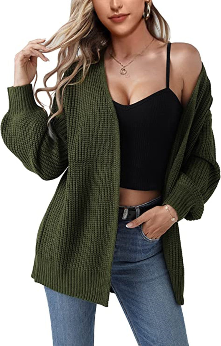 Damen Grobstrick Cardigan Lässig Offene Maschen Beige
