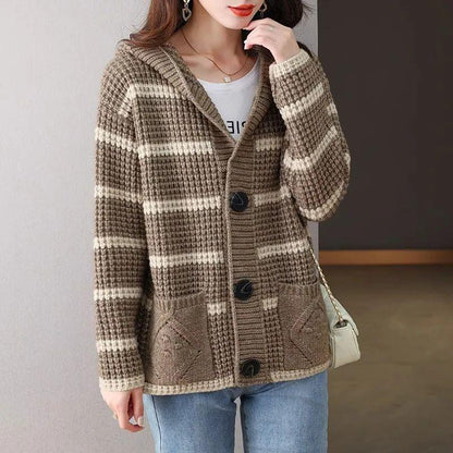 Damen Strickjacke Gestreift Kapuze Große Taschen