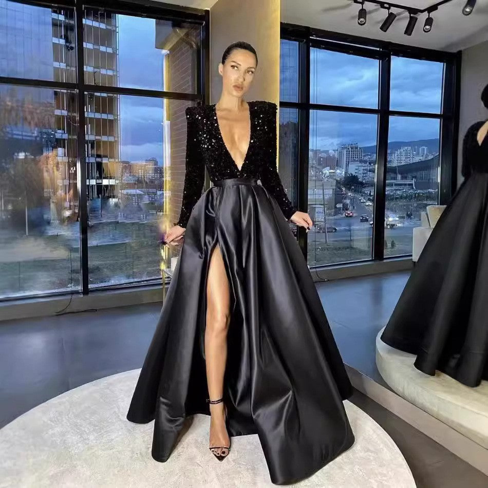 Damen Abendkleid V-Ausschnitt Glitzer Norvielle