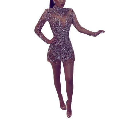 Damen Pailletten-Kleid Transparente Elemente Französische Fransen