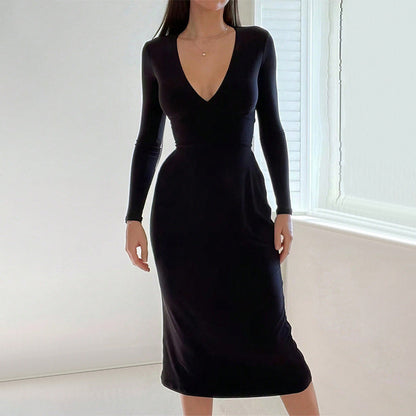 Damen Midi-Kleid V-Ausschnitt Langarm