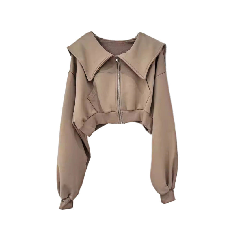 Damen Cropped Sweatjacke Großer Kragen Norvielle