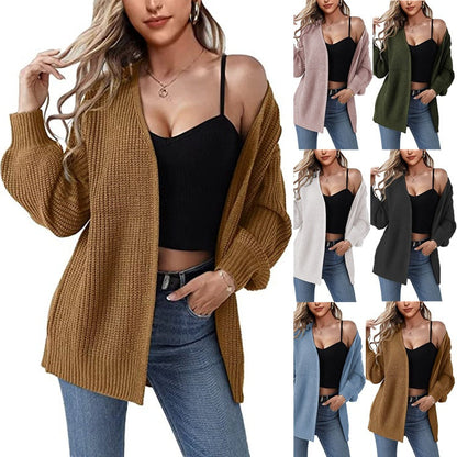 Damen Grobstrick Cardigan Lässig Offene Maschen Beige - Norvielle