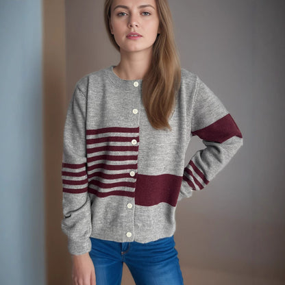 Damen Strickjacke Kontraststreifen Elegante Knöpfe Norvielle