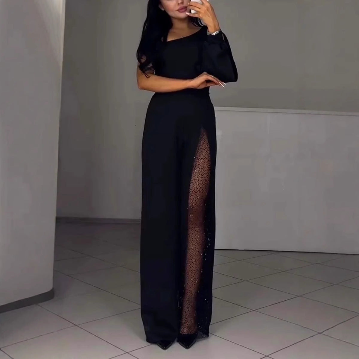 Damen Jumpsuit Elegantes Design Transparenzdetails Schwarz - Norvielle