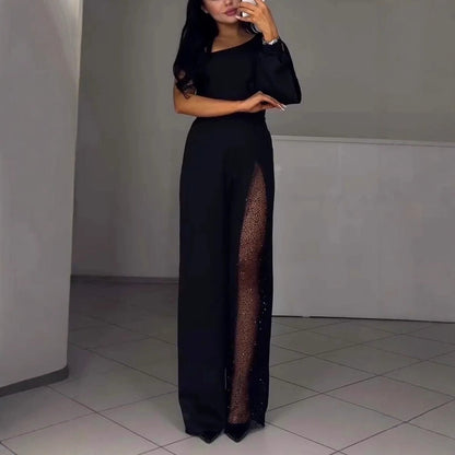 Damen Jumpsuit Elegantes Design Transparenzdetails Schwarz - Norvielle