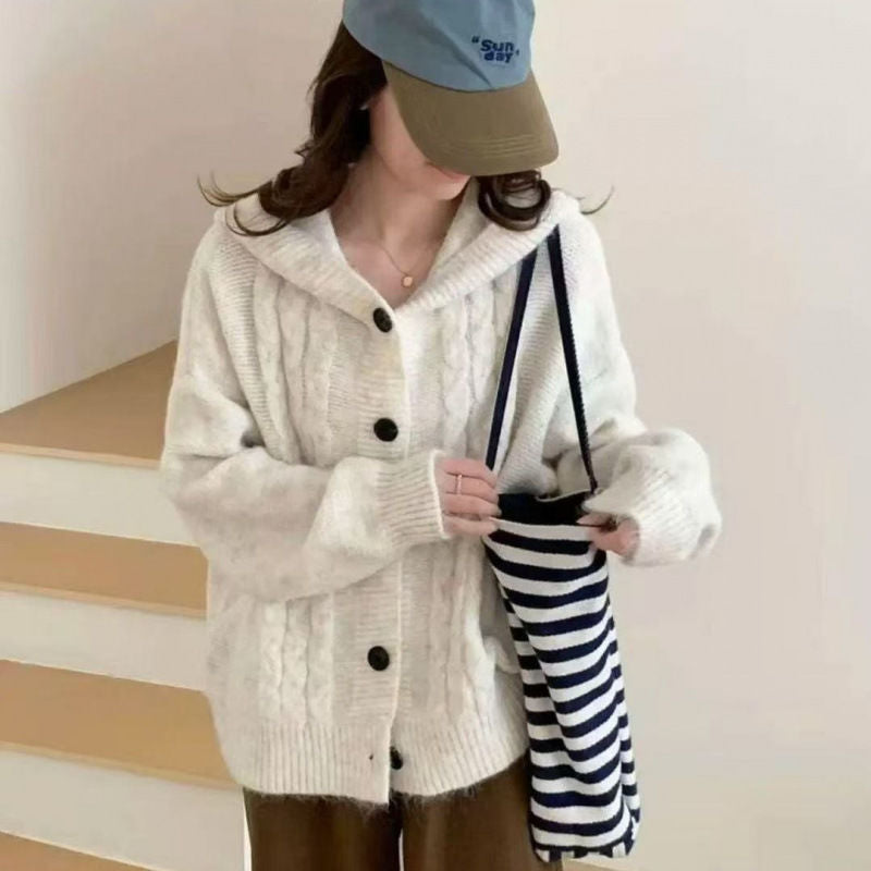 Damen Strickjacke Kapuzenpullover mit Knöpfen Beige - Norvielle