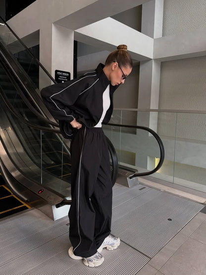 Damen Sportset Jacke Hose Reißverschluss Weite Bein Norvielle