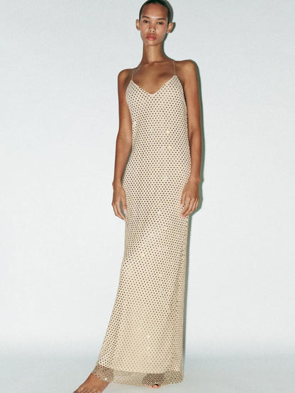 Damen Maxikleid mit Netzdetails und Spaghettiträgern