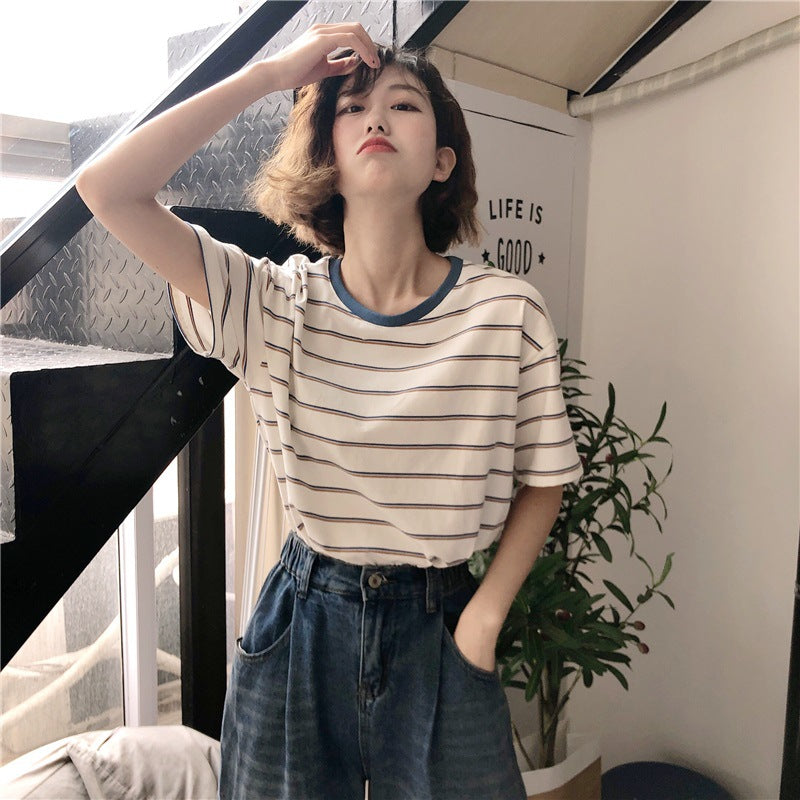 Damen T-Shirt Gestreift Rundhalsausschnitt Locker Norvielle