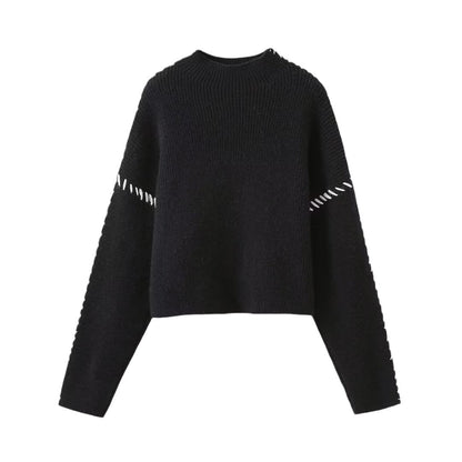 Damen Strickpullover Hochärmelig Kontraststich Norvielle
