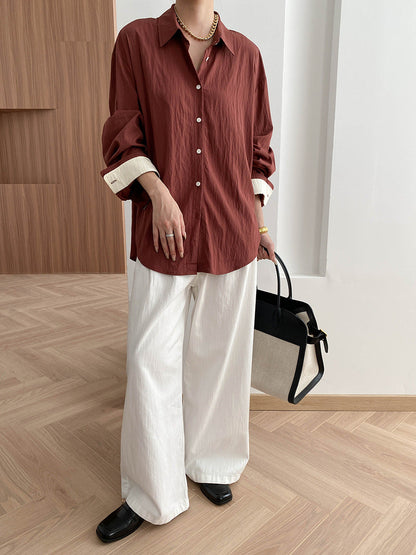 Damen Oversized Hemdbluse Feine Details Kontrastärmel